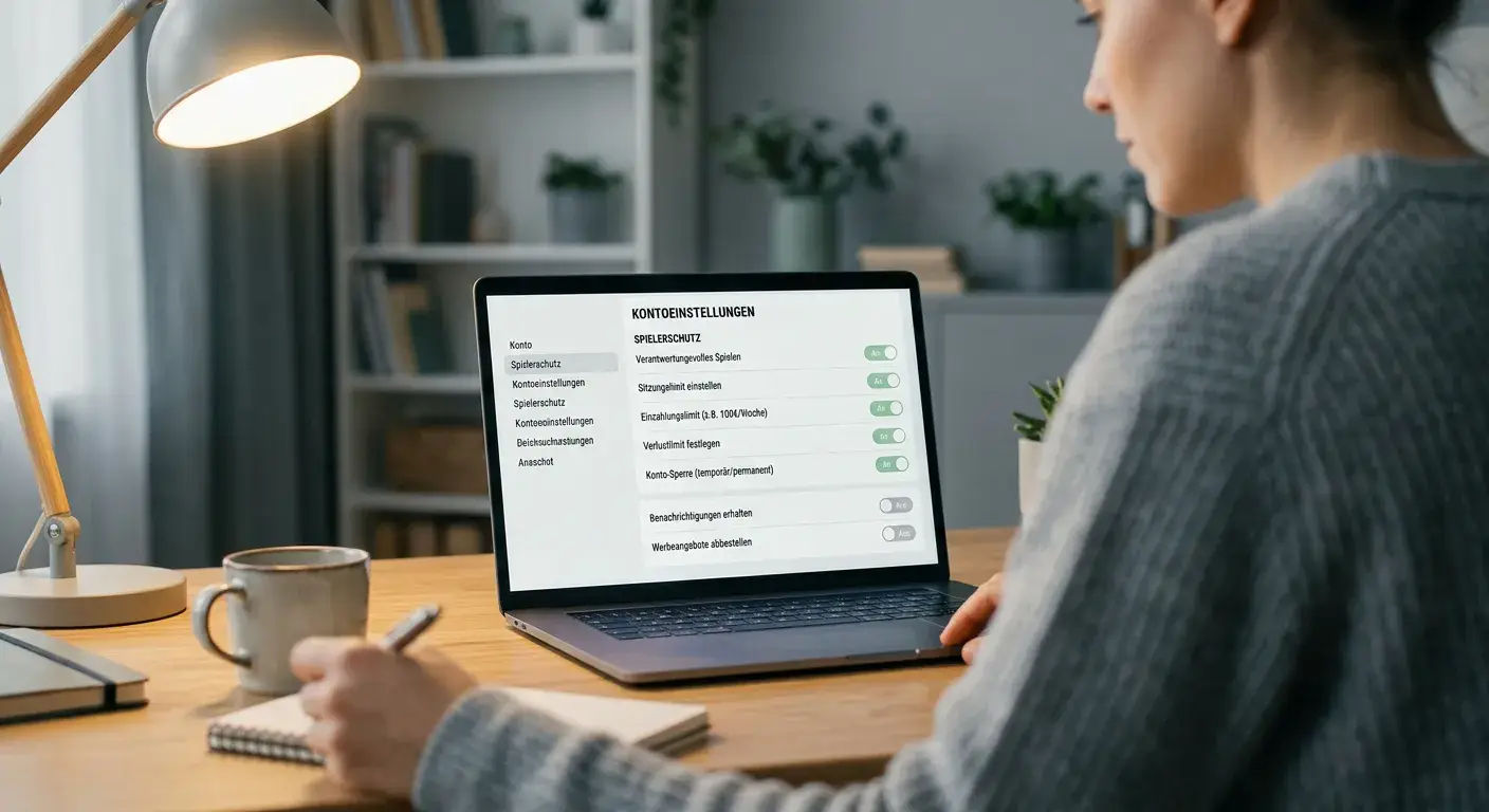 Person am Laptop mit geöffnetem Kontoeinstellungen-Menü und sichtbaren Limit-Optionen