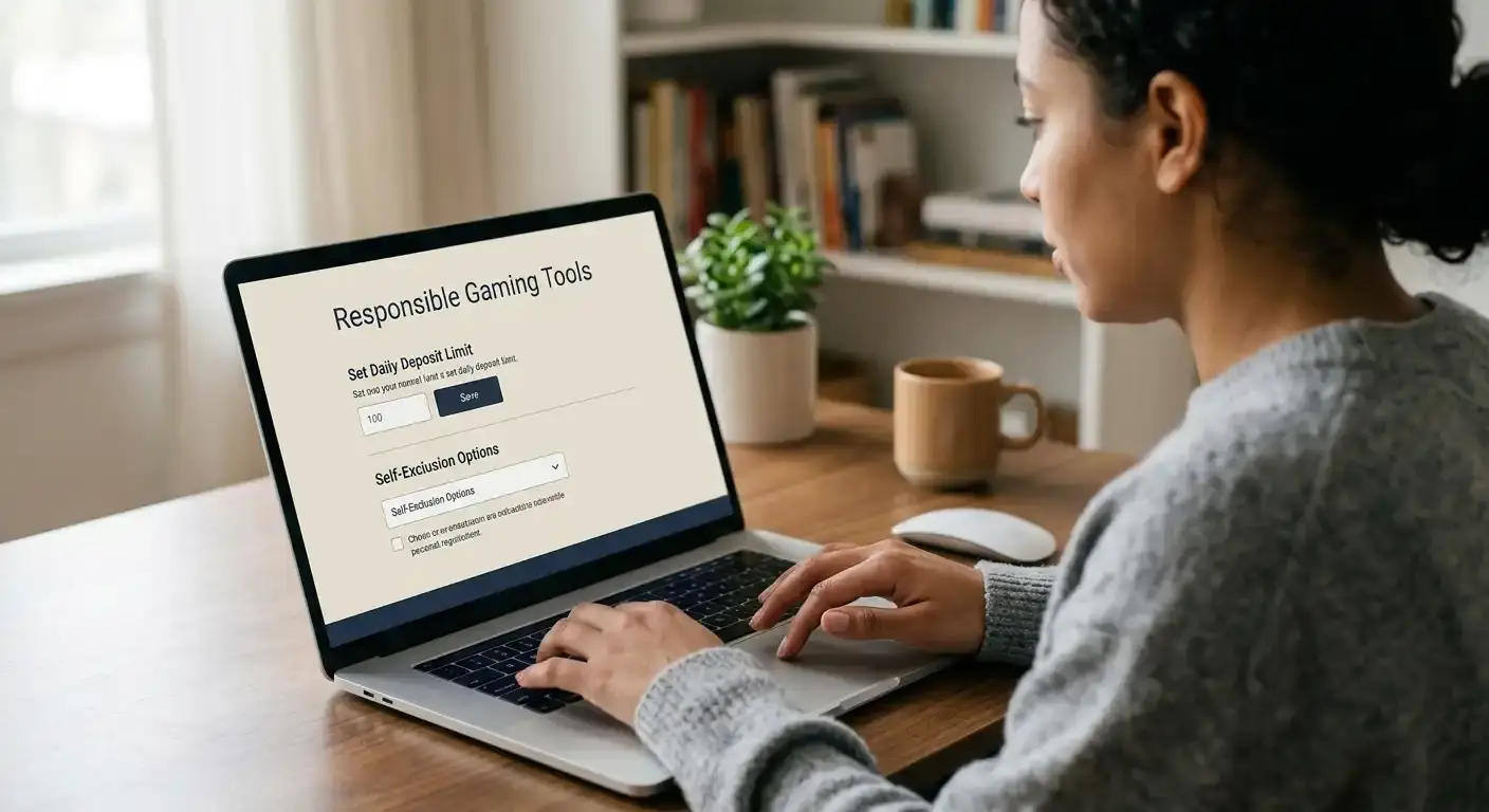 Person an Schreibtisch nutzt Selbstausschluss-Tool auf Laptop-Bildschirm