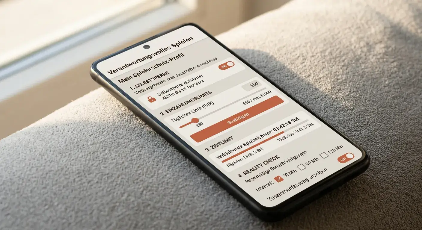 Smartphone zeigt Spielerschutz-Tools Selbstsperre Limits Reality-Check