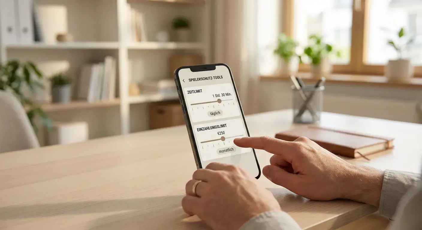 Person stellt Zeitlimit auf Smartphone ein mit ruhiger Büroumgebung