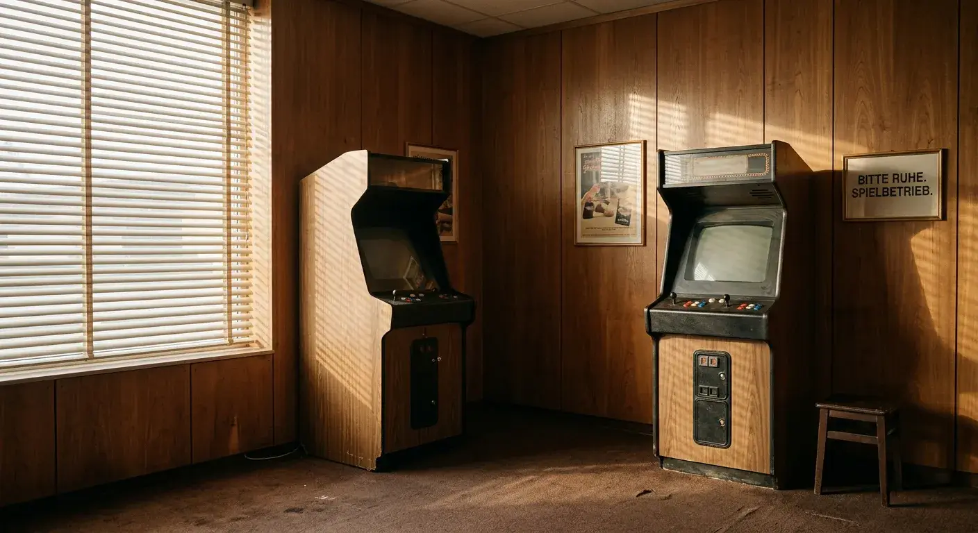 Vintage deutsche Spielothek-Ecke mit Holzverkleidung und Sonnenlicht