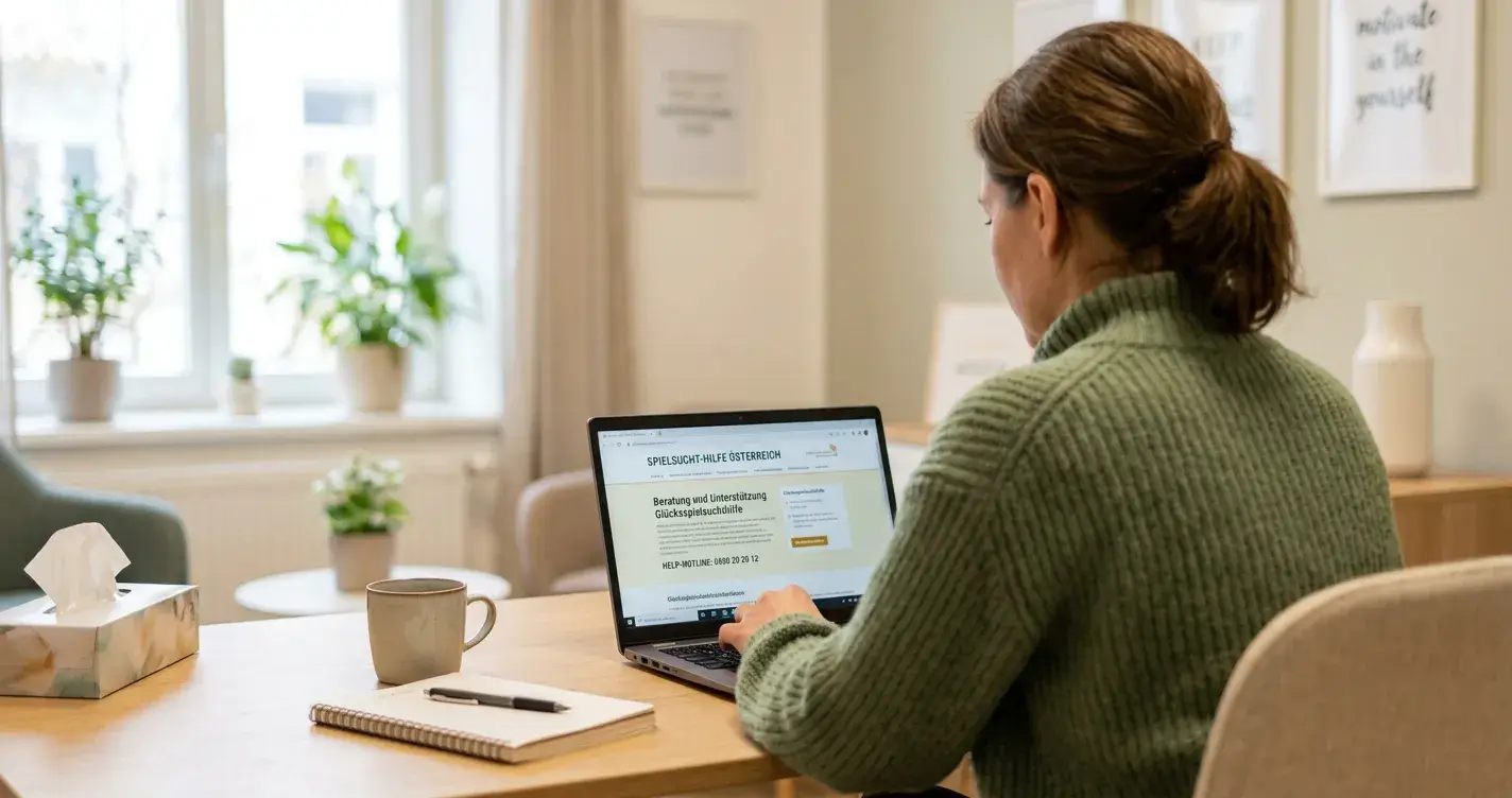 Person an Laptop mit Spielsucht-Beratungswebseite und Helpline-Nummer