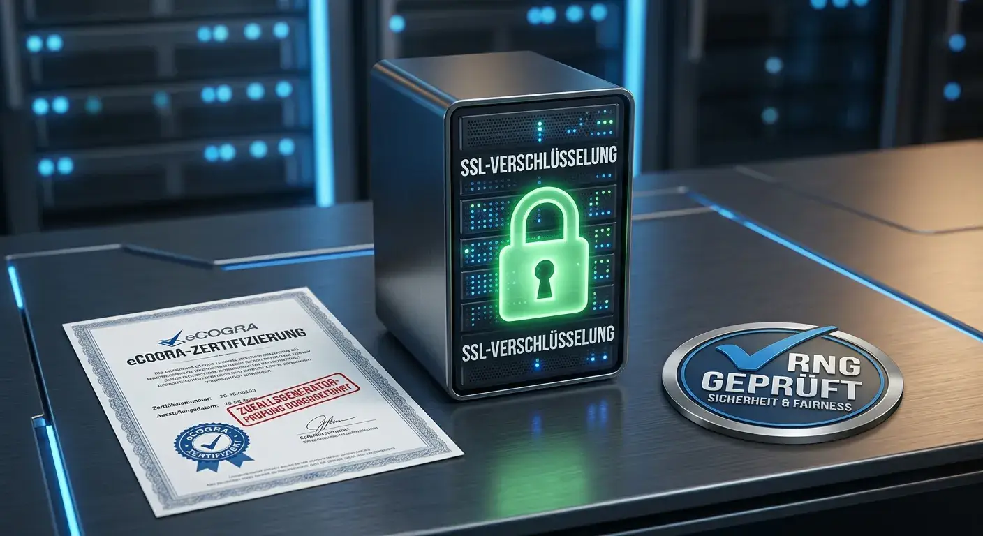 Verschlüsseltes Server-Symbol mit Zertifikats-Badge und RNG-Audit-Stempel