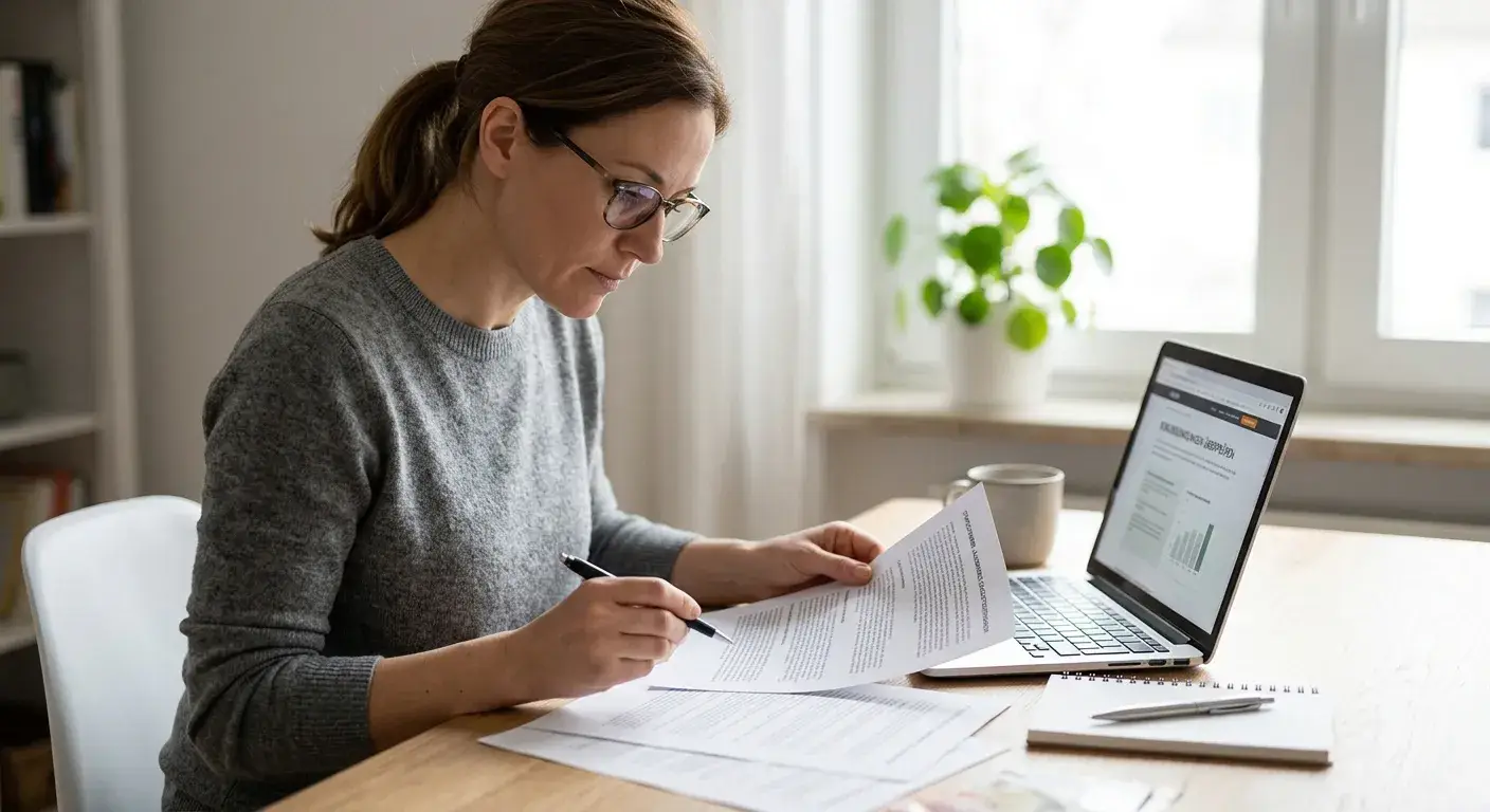 Person prüft Bonusbedingungen auf Papier neben einem Laptop