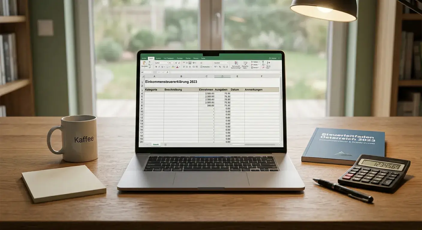 Steuerverzeichnis und Taschenrechner neben einem Laptop mit neutraler Finanzsoftware-Oberfläche