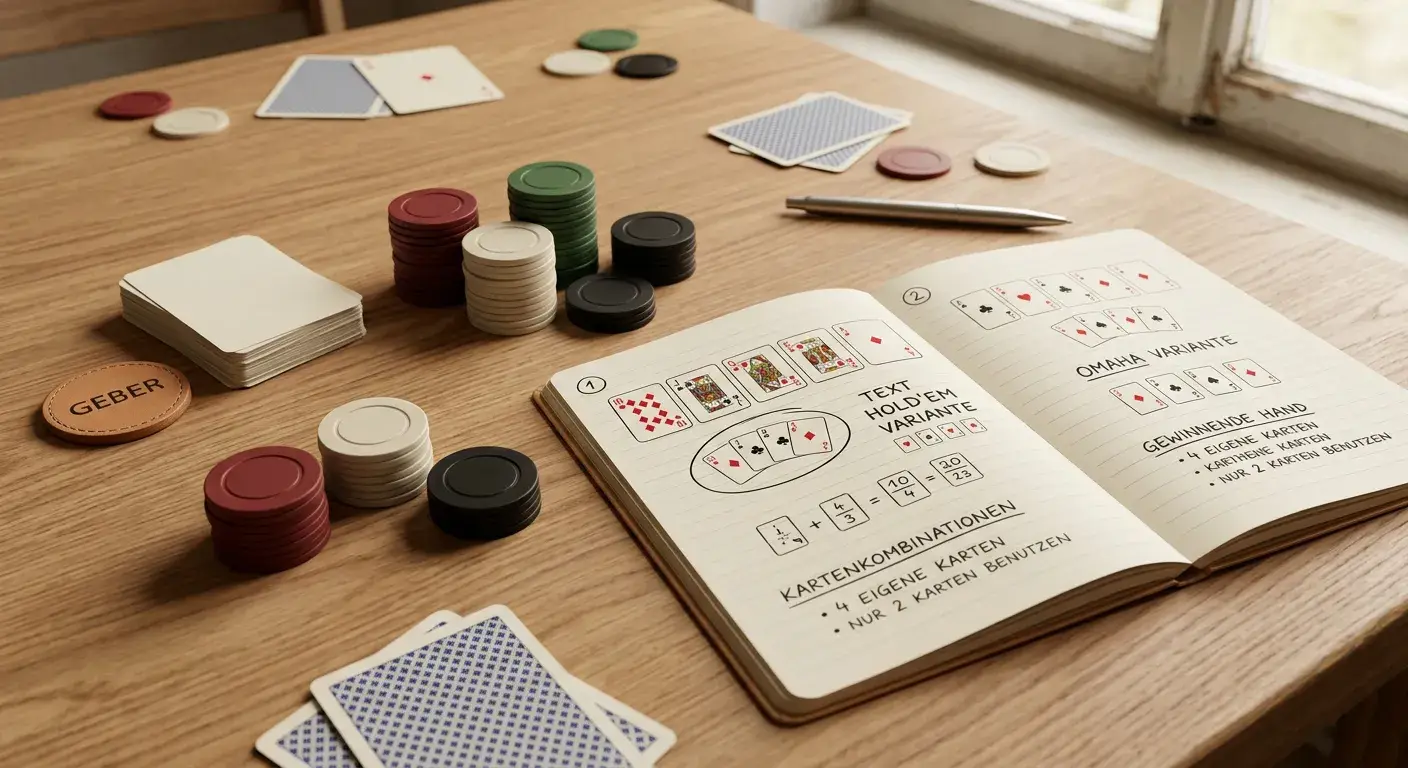 Neutrale Spielkarten in zwei Pokeranordnungen mit Lernnotizbuch