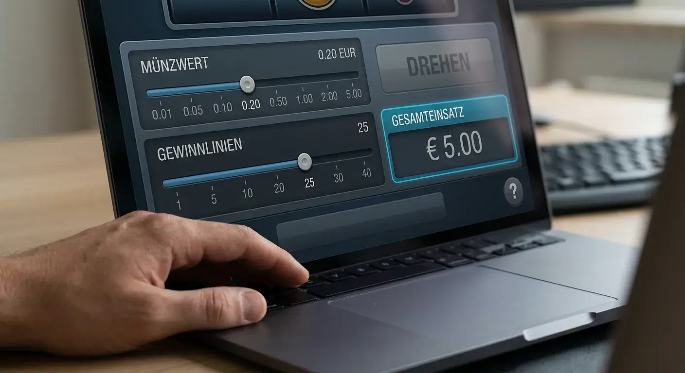 Einstellmenü eines Spielautomaten mit Münzwert und Linienzahl für den Gesamteinsatz