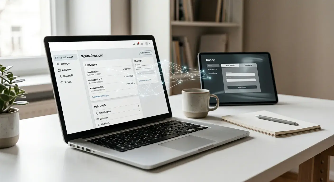 Online-Banking auf Laptop mit Trustly-Verbindung und Bestätigung