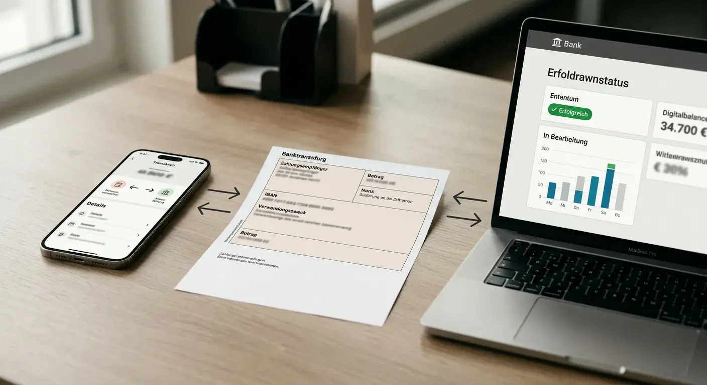 Neutrale Darstellung eines Auszahlungswegs mit Bankkonto und App