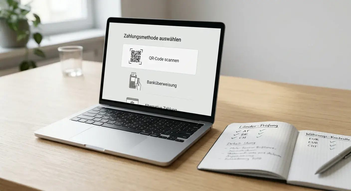 Neutrale Zahlungsübersicht mit QR-Code und Länderprüfung