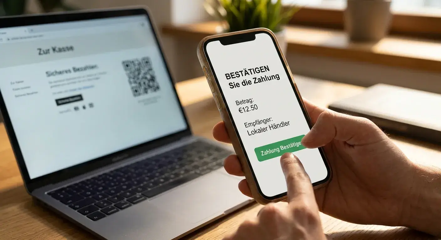Smartphone mit neutralem QR-Zahlungsablauf auf einem Schreibtisch