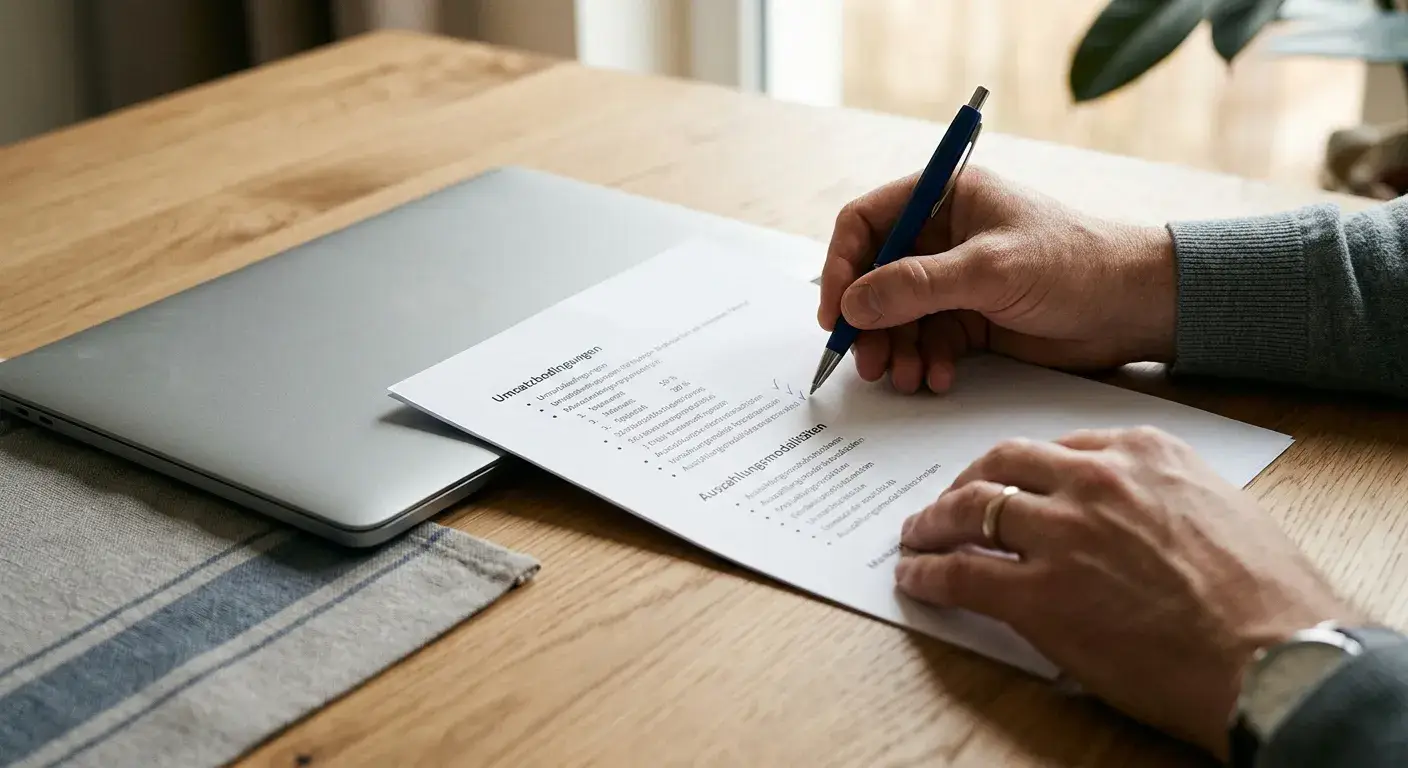 Hand mit Stift neben Umsatzbedingungen und neutralem Auszahlungsformular