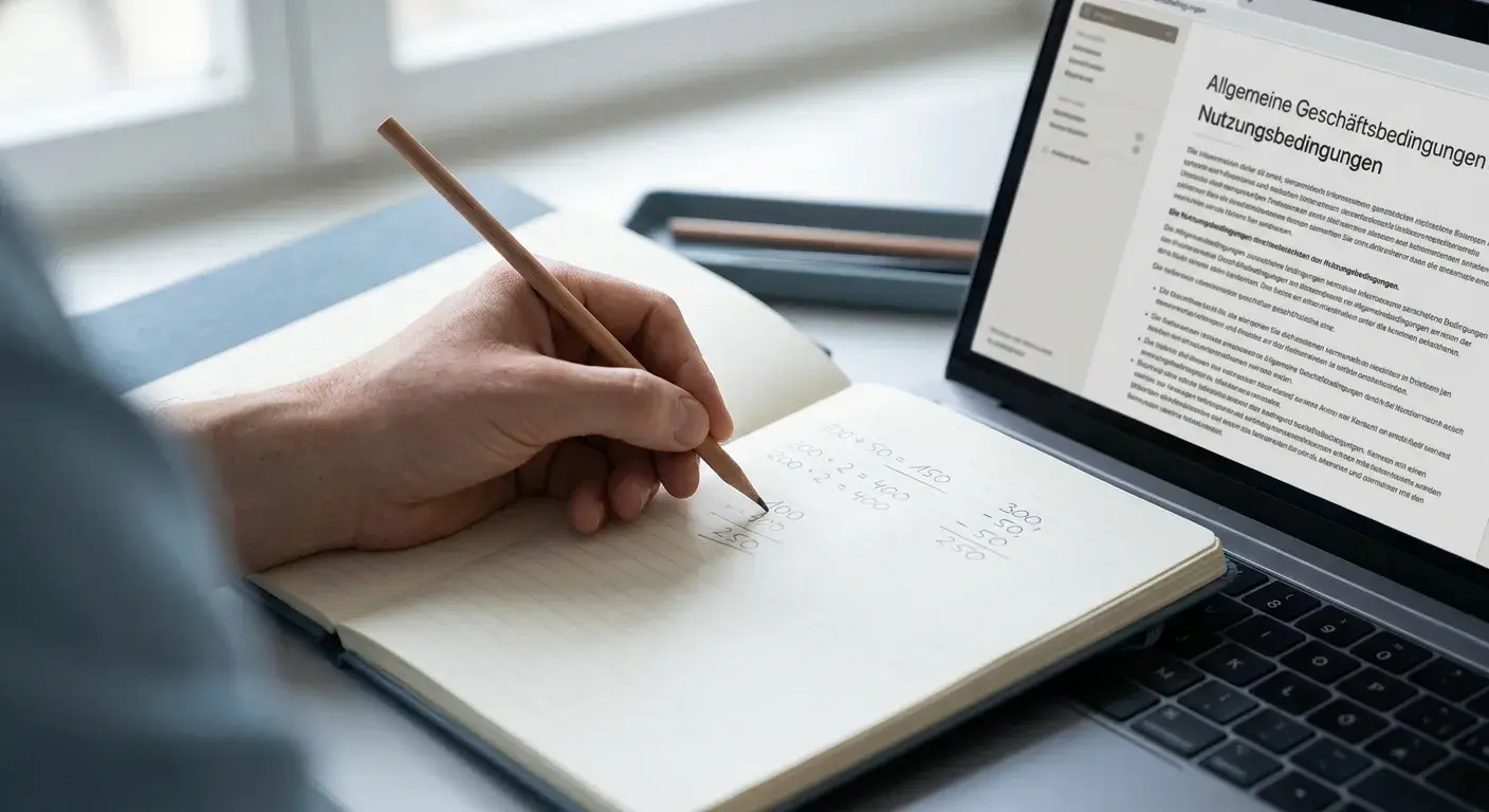 Handschriftliche Umsatzrechnung mit neutralen Zahlen auf einem Schreibtisch