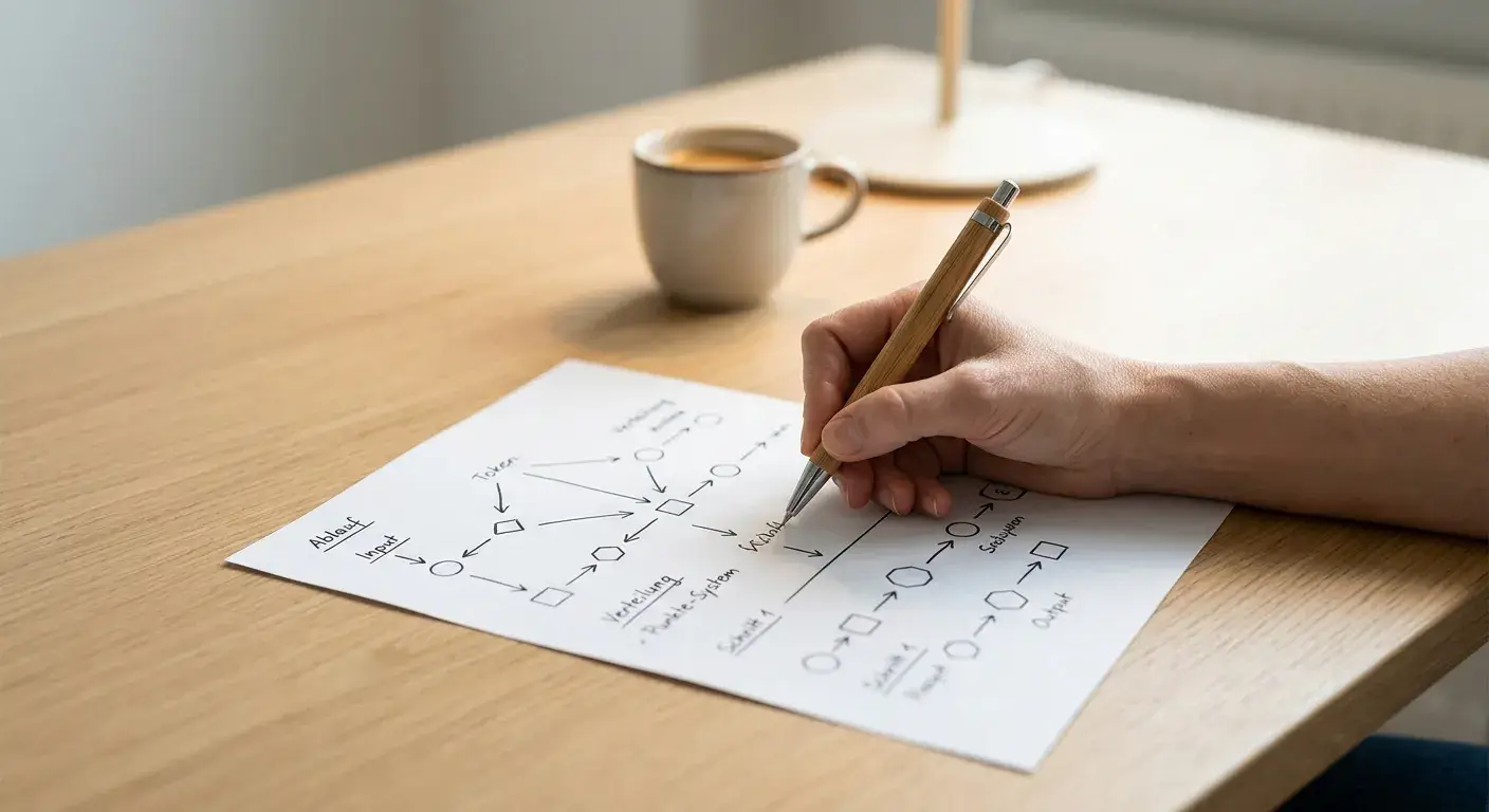 Hand mit Stift und übersichtlichem Rechenblatt ohne Taschenrechner