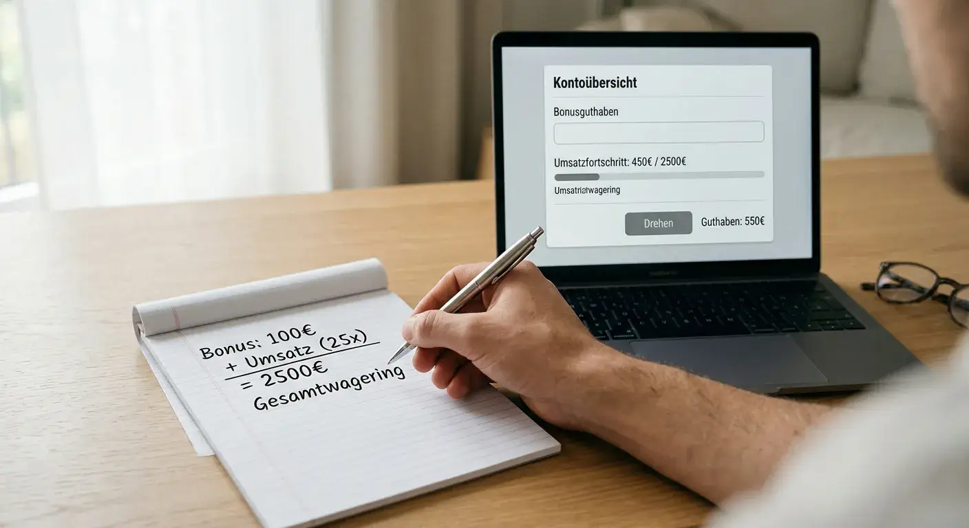 Handschriftliche Umsatzrechnung neben neutralem Spielkonto auf einem Bildschirm