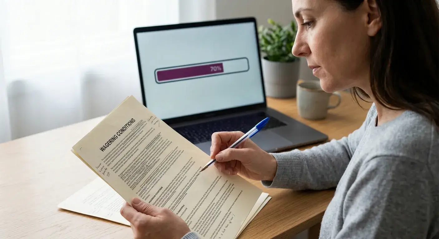 Person mit Notizblatt und markierten Umsatzbedingungen an einem ruhigen Schreibtisch