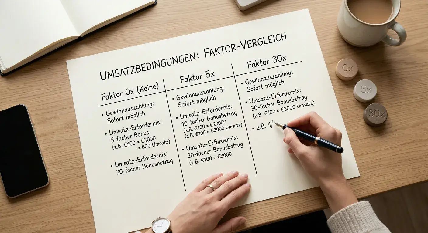 Ruhige Übersicht mit Stufen 0x, 5x und 30x auf einem beschrifteten Notizblatt