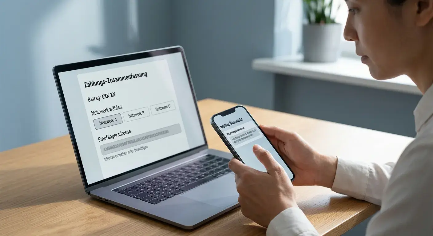 USDC-Wallet und Kassenbereich mit klarer Netzwerkauswahl