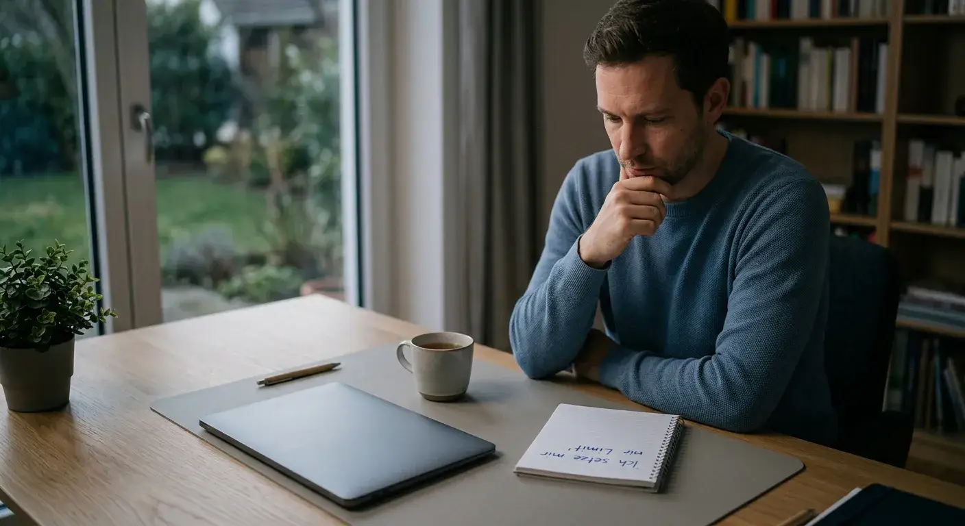 Nachdenkliche Person am aufgeräumten Schreibtisch mit geschlossenem Laptop und Notizblock