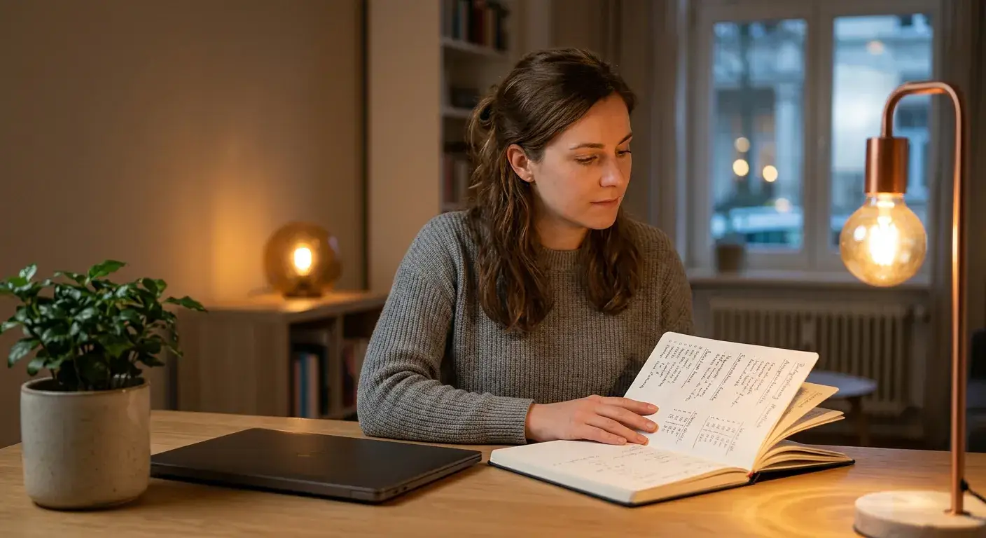 Person sitzt ruhig am Schreibtisch mit geschlossenem Laptop und offenem Notizbuch