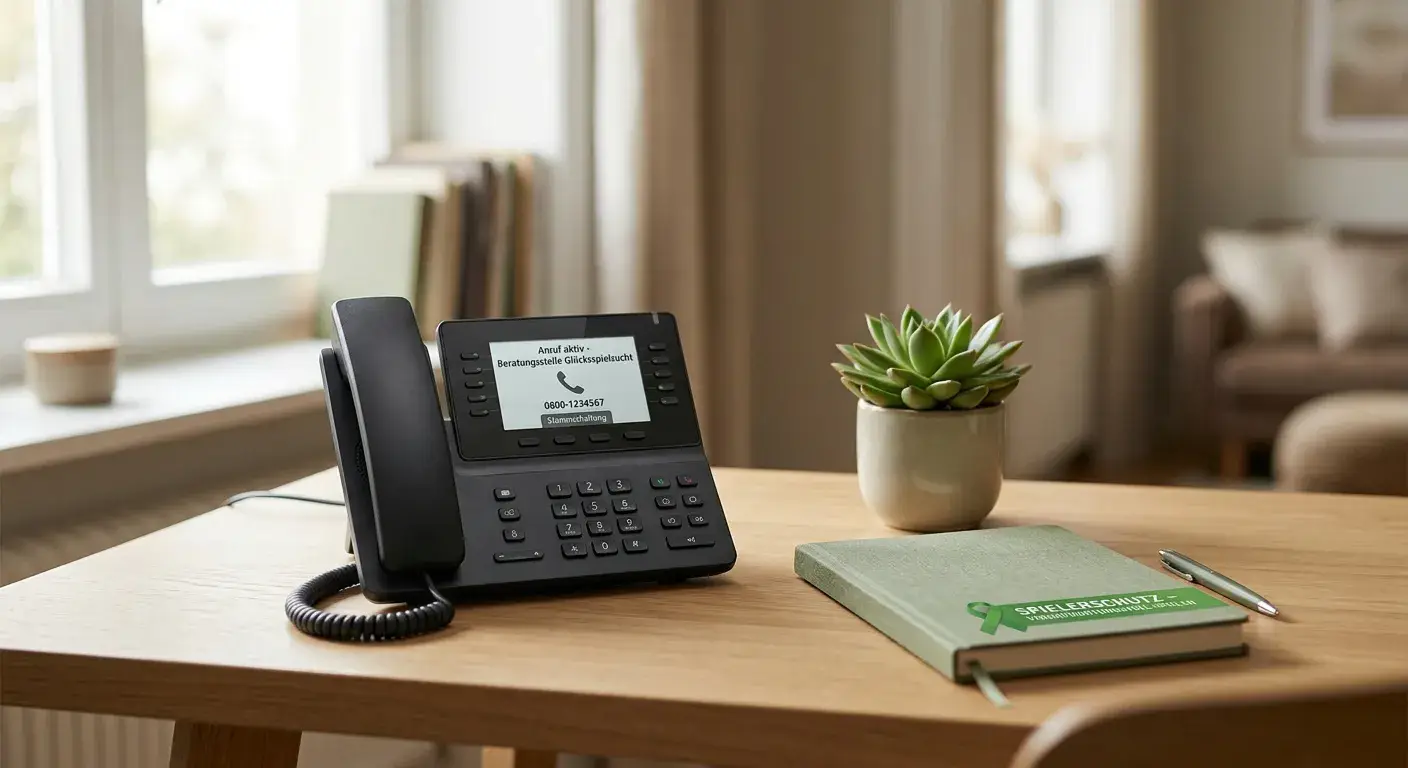 Telefon mit aktiver Beratungshotline auf einem ruhigen Schreibtisch