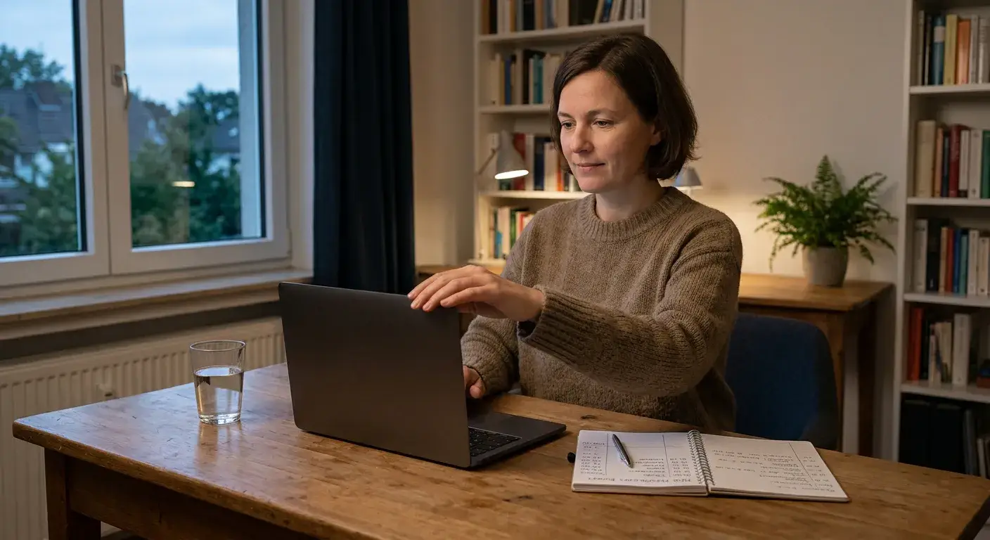 Ruhiger Arbeitsplatz mit Budgetnotizen und geschlossenem Laptop