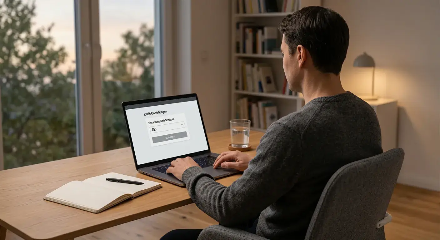 Erwachsene Person setzt an einem Laptop ein persönliches Einzahlungslimit