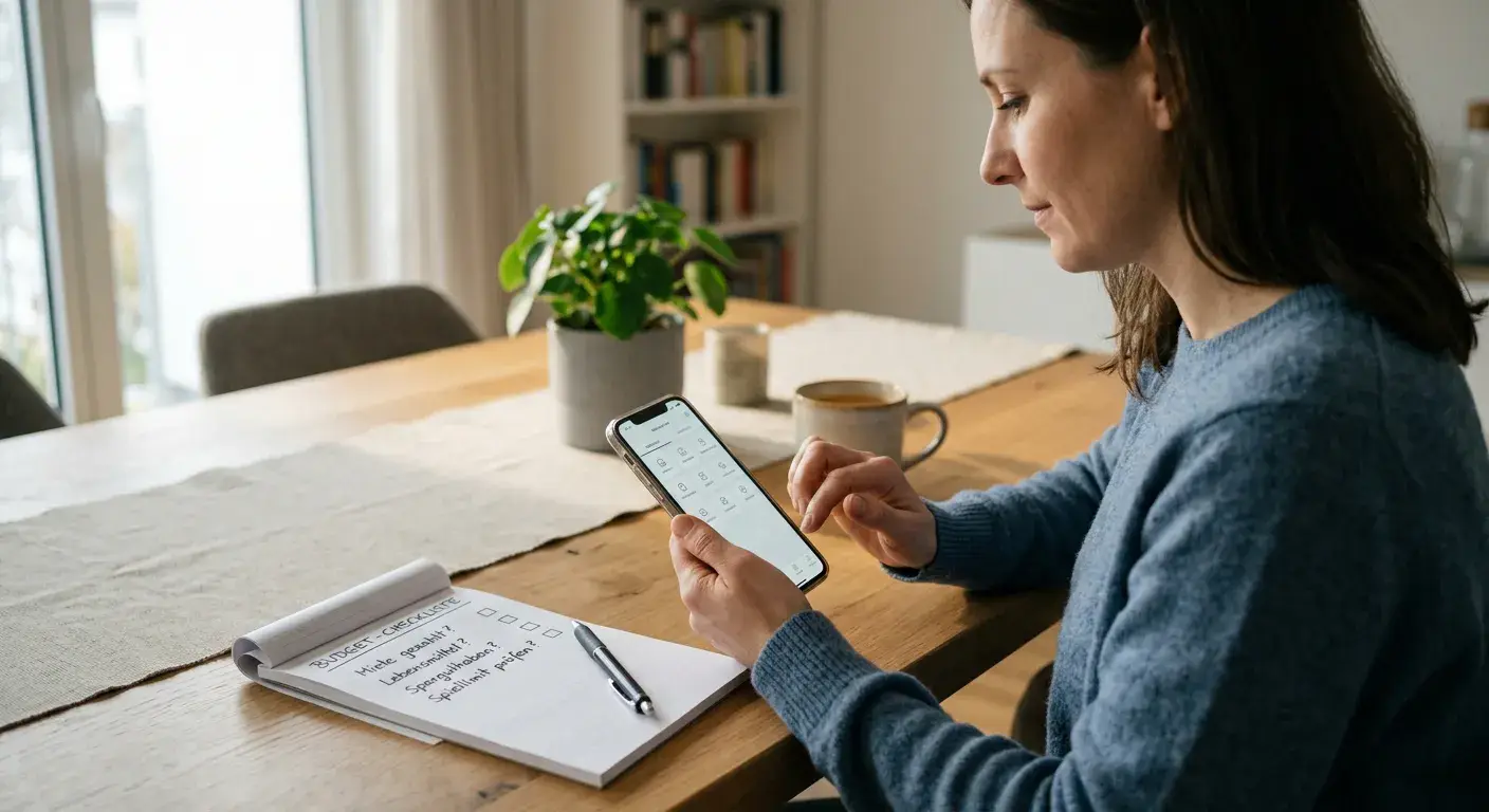Erwachsene Person mit Smartphone und neutraler Budget-Checkliste beim mobilen Casinospiel