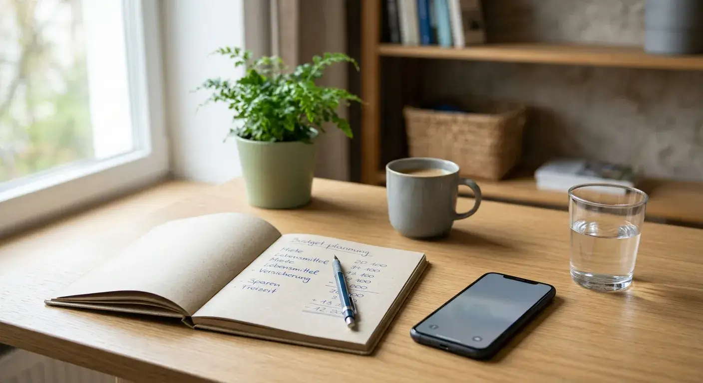 Ruhiger Arbeitsplatz mit Budgetnotizen und Smartphone ohne Markenlogo