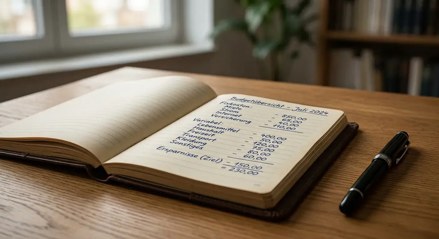 Notizbuch mit handgeschriebenem Budget und ruhigem Schreibtischambiente