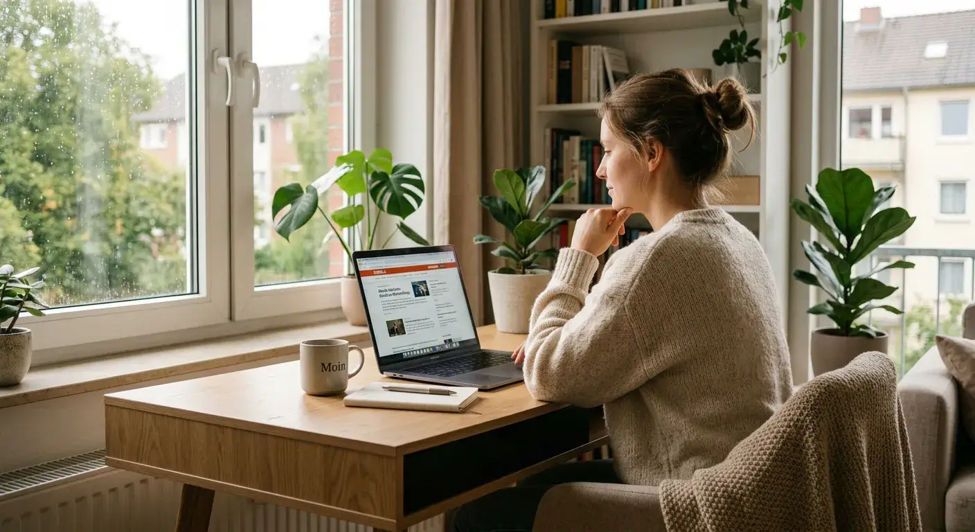 Person am Laptop mit ruhiger Konzentration und Tasse Kaffee