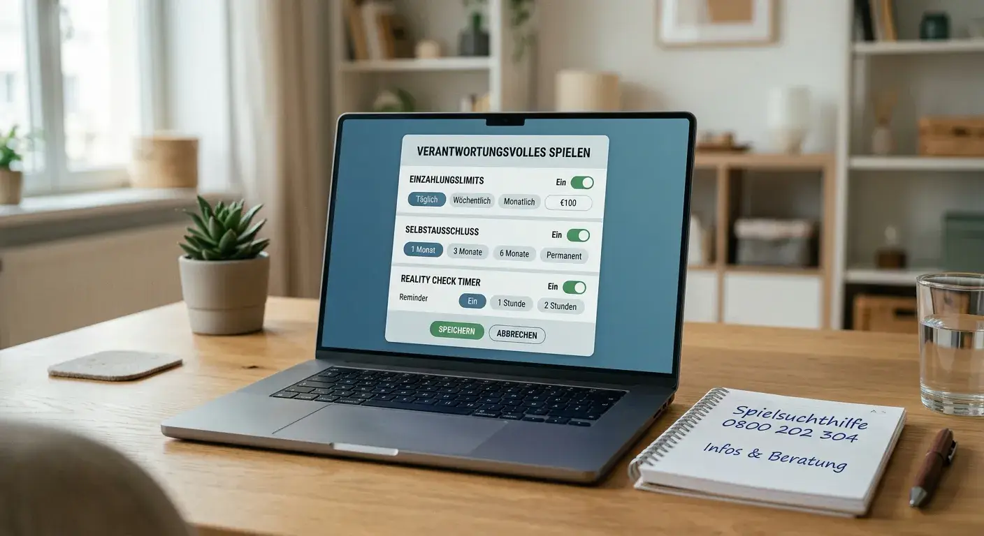 Laptop mit Spielerschutz-Einstellungen und Spielsuchthilfe-Notizen