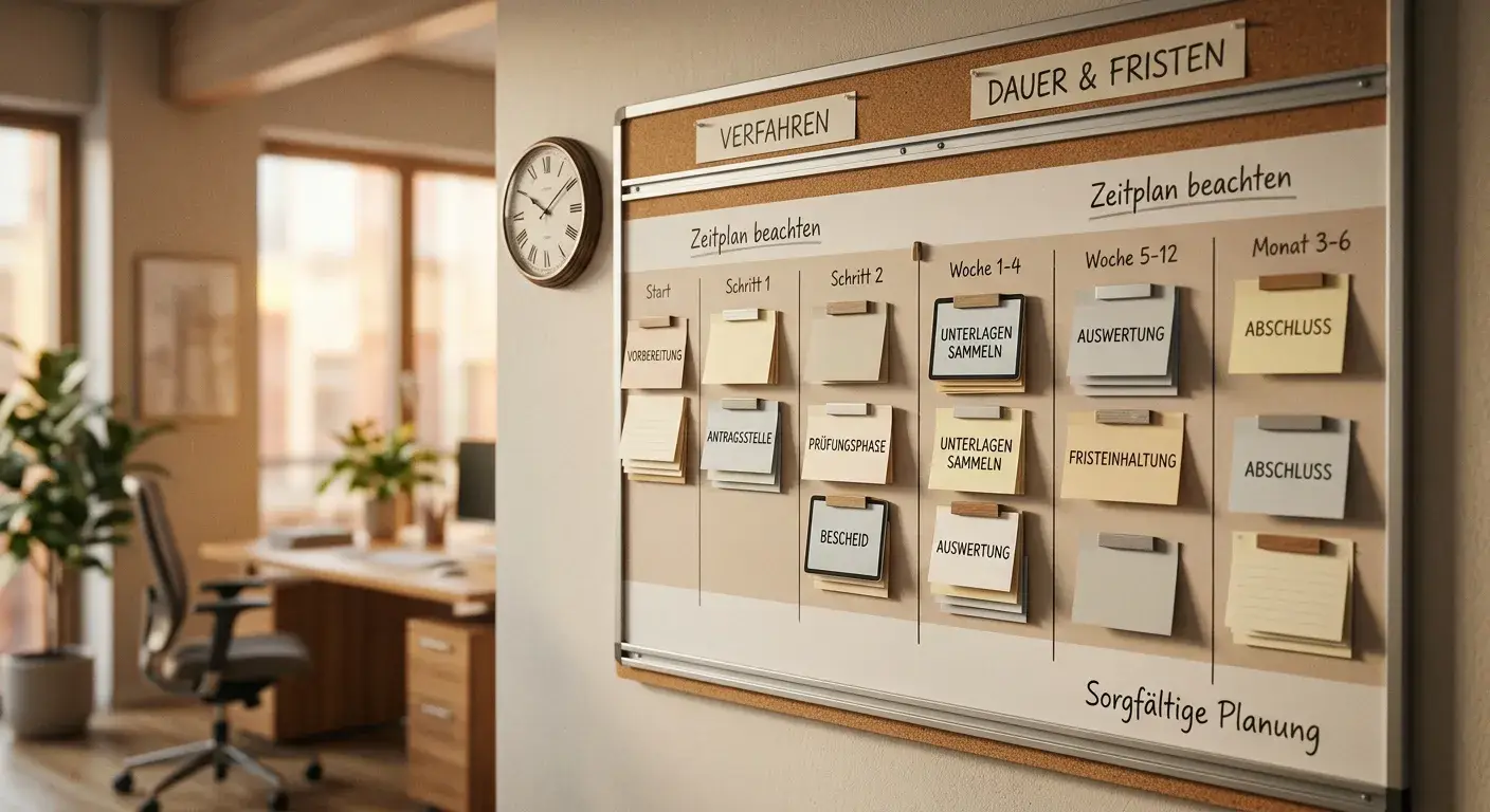 Planungstafel mit Haftnotizen und Zeitleistenmarkierungen im Büro