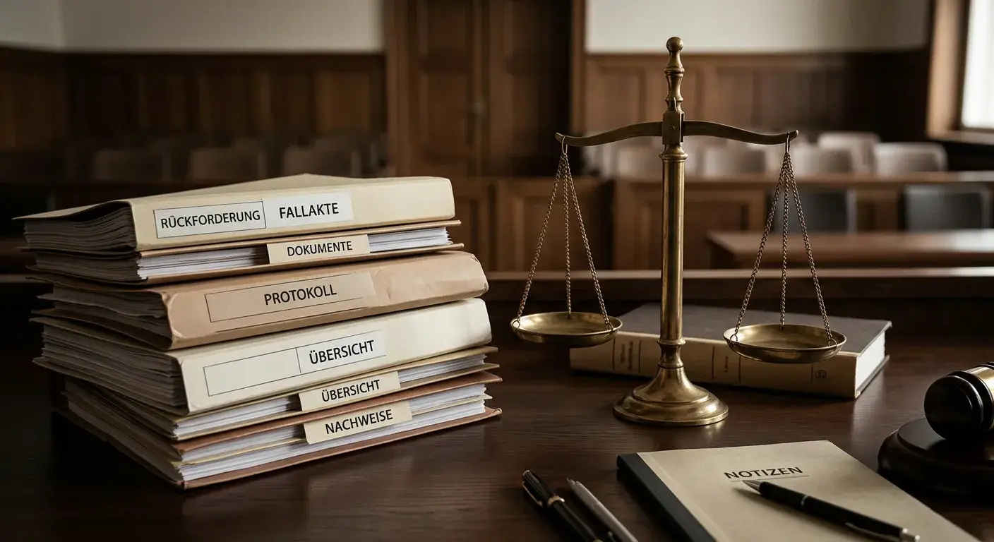Gerichtssaal-Atmosphäre mit Aktenordnern und Waage der Justiz auf einem Richtertisch