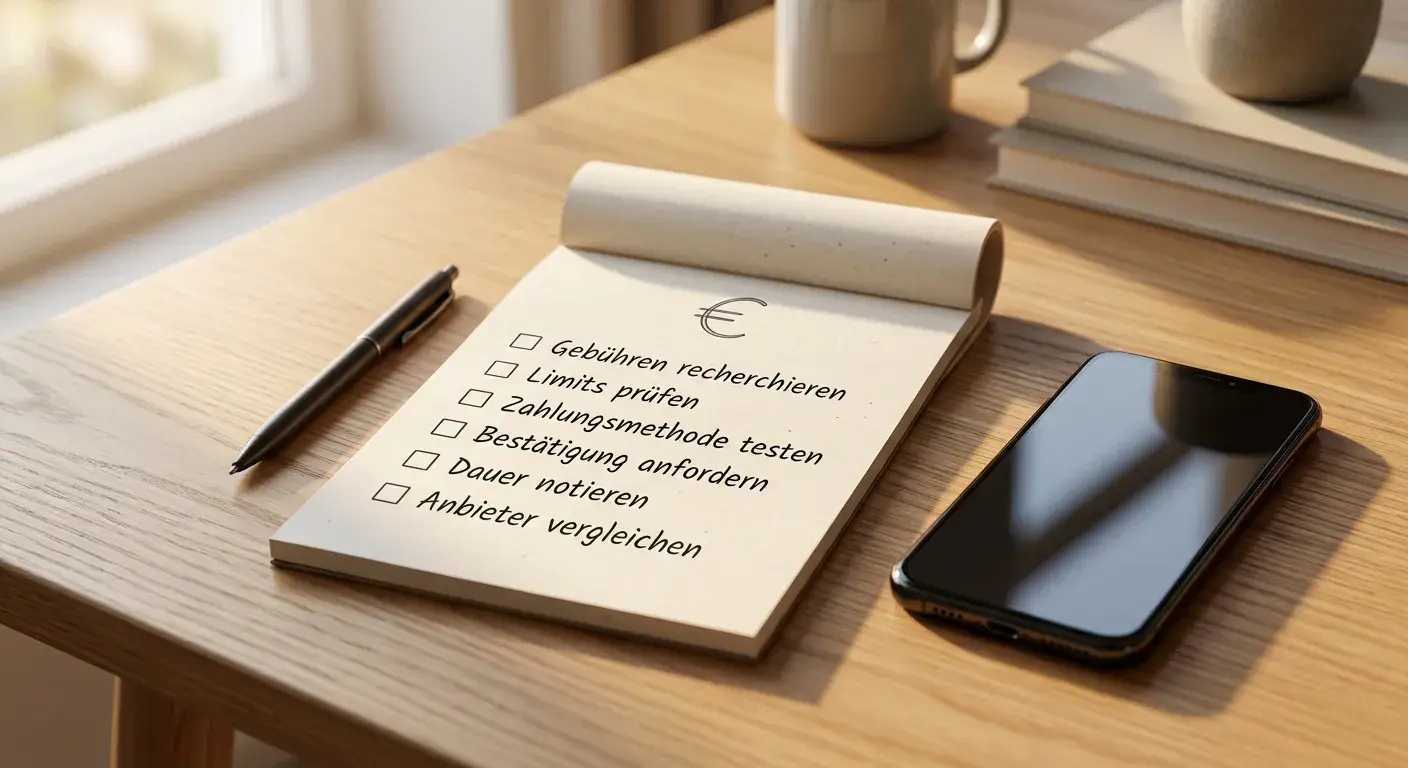 Notizblatt mit neutraler Übersicht zu Gebühren und Einzahlungslimits