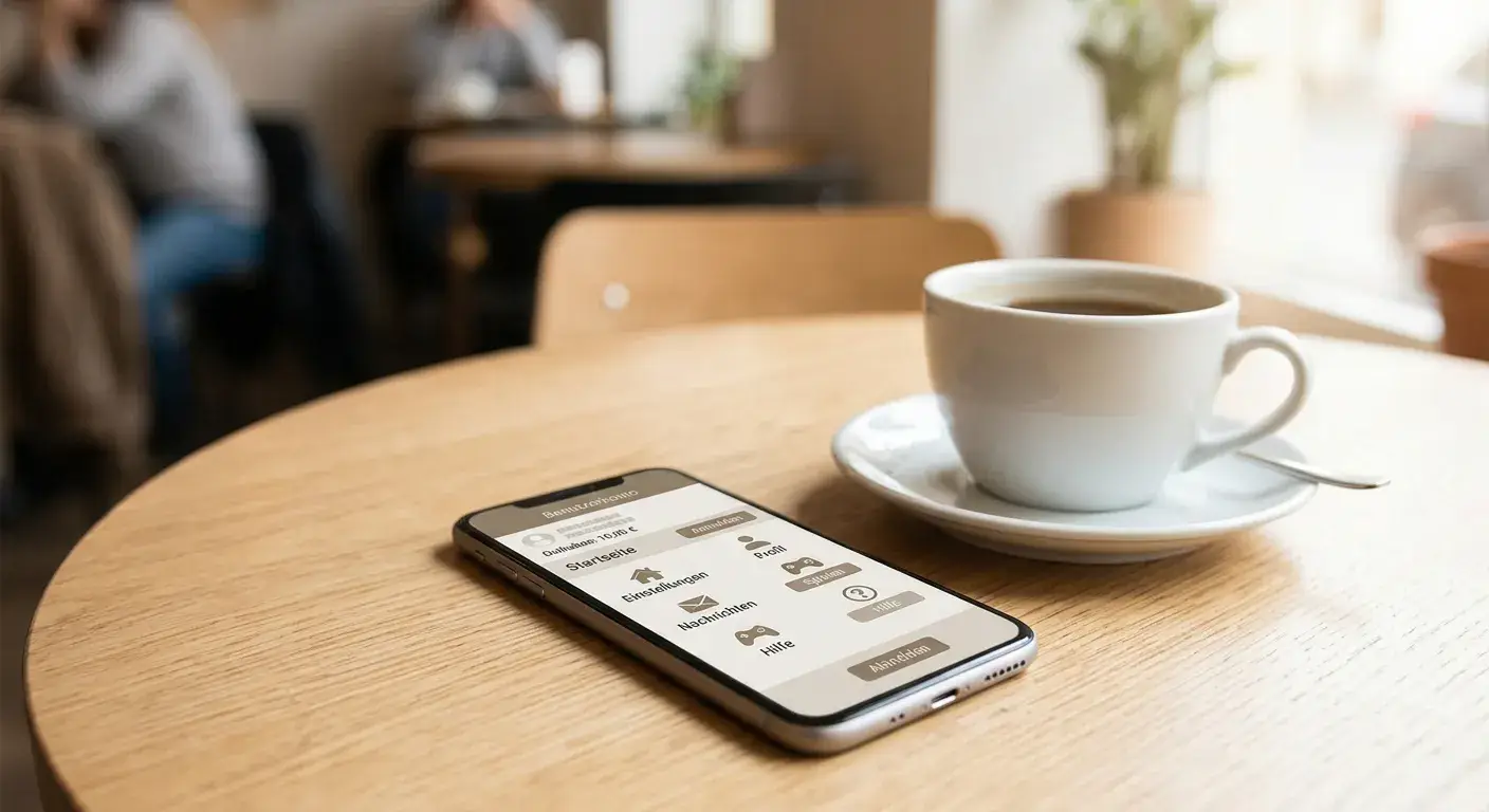 Smartphone mit neutraler Casino-App-Oberfläche neben Kaffee auf Holztisch