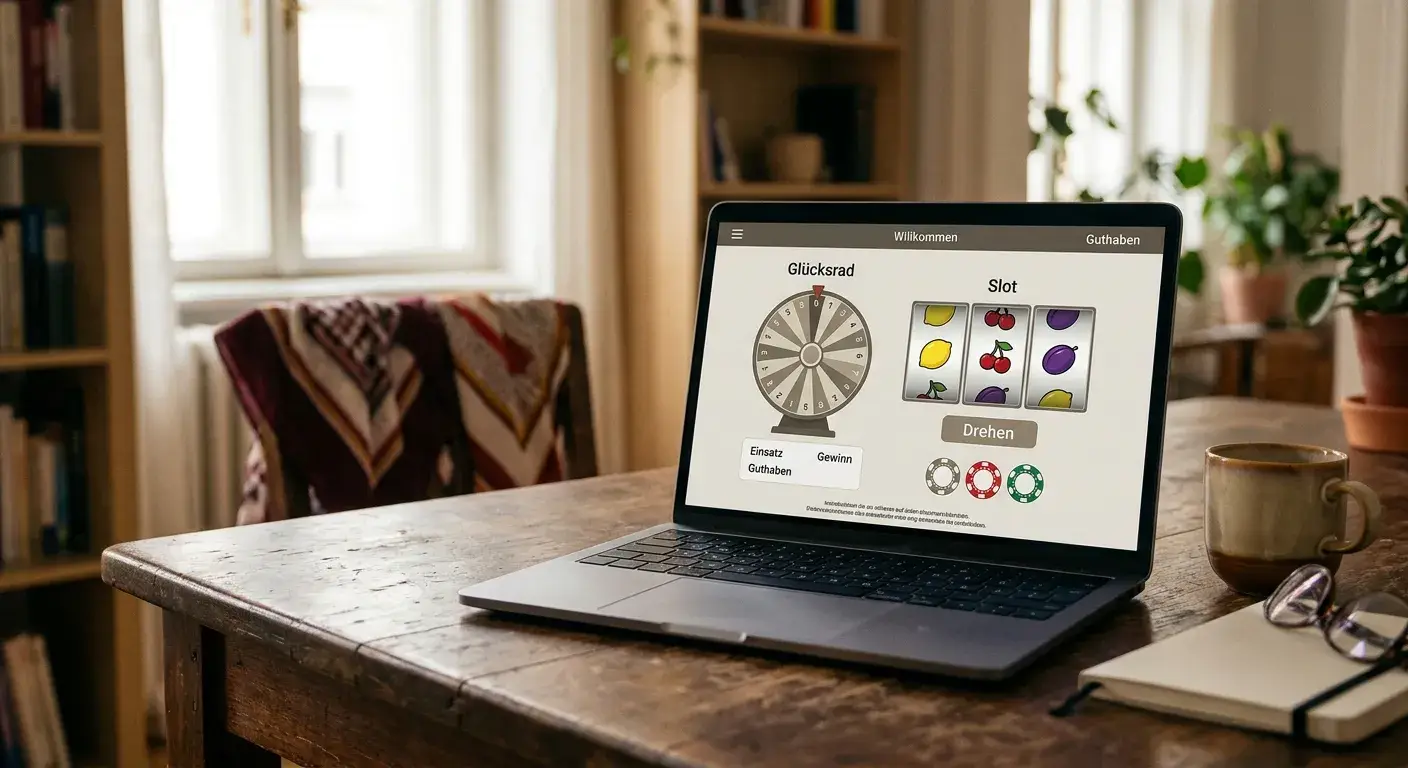 Laptop mit neutralem Casino-Interface und österreichischen Farbakzenten auf Holztisch