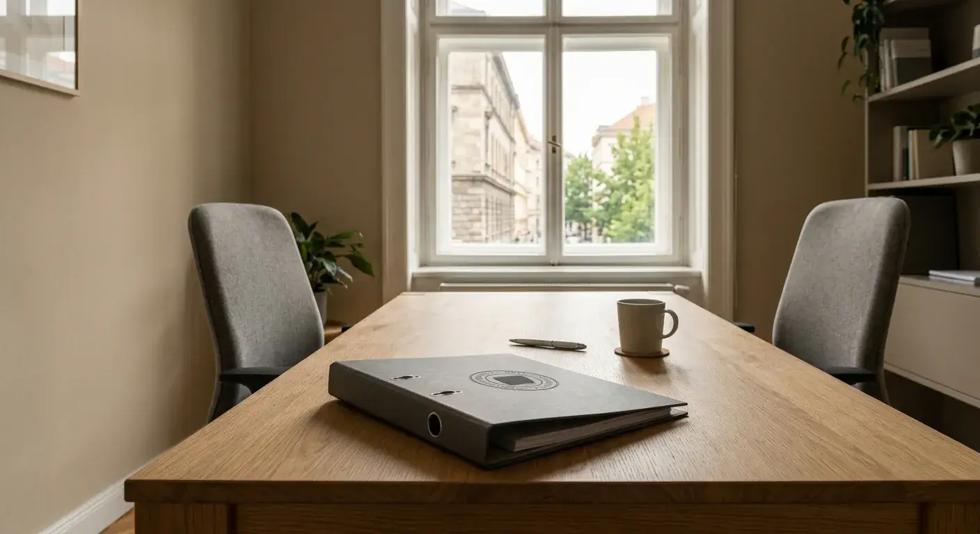 Österreichisches Büro mit Fensterblick und neutralem Lizenzordner für Konzession und Aufsicht