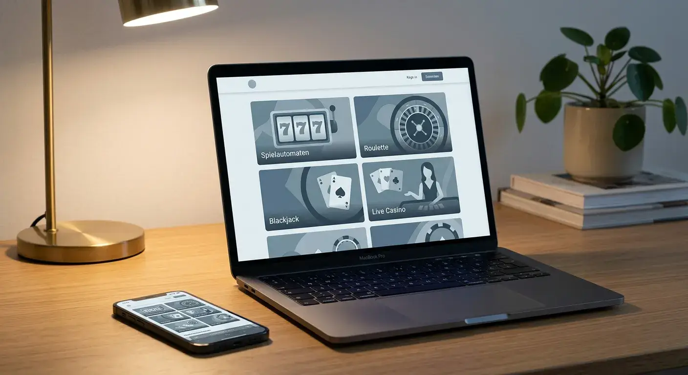 Laptop mit win2day-ähnlicher neutraler Casino-Oberfläche und Smartphone daneben
