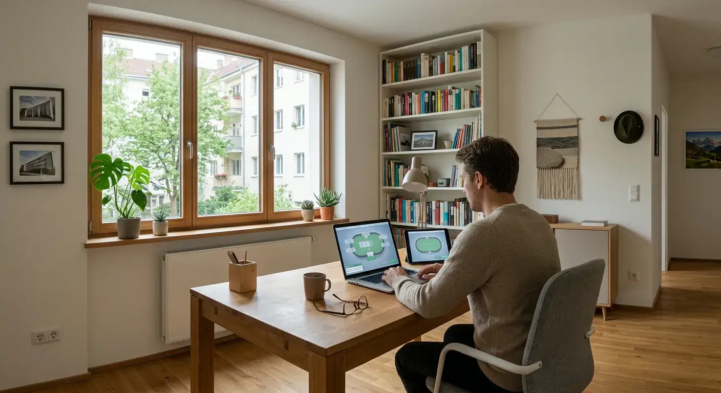Generisches Pokerzimmer auf Laptop und Tablet in einem ruhigen österreichischen Arbeitszimmer