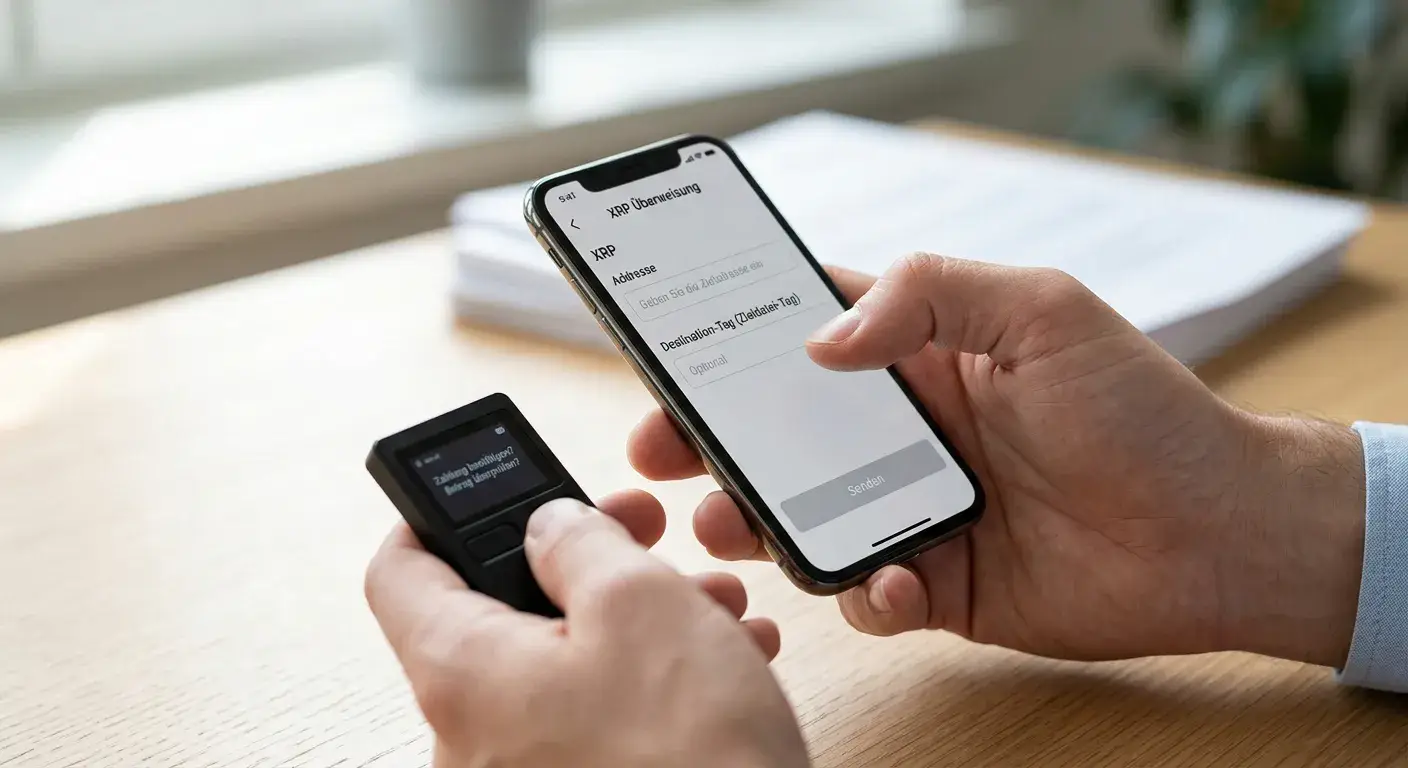XRP-Wallet mit Destination Tag neben einem neutralen Transaktionsbeleg