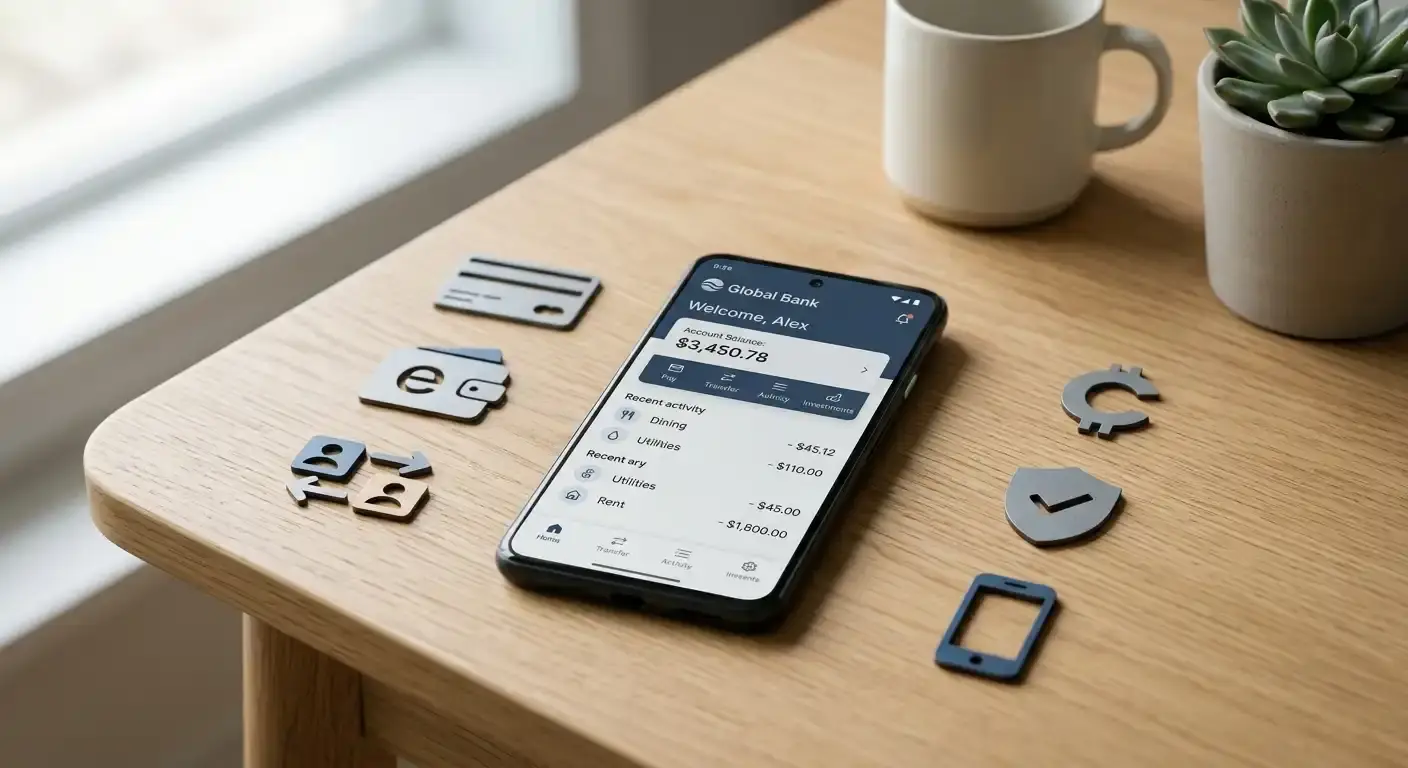 Smartphone mit Banking-App und verschiedenen Zahlungsmethoden-Icons