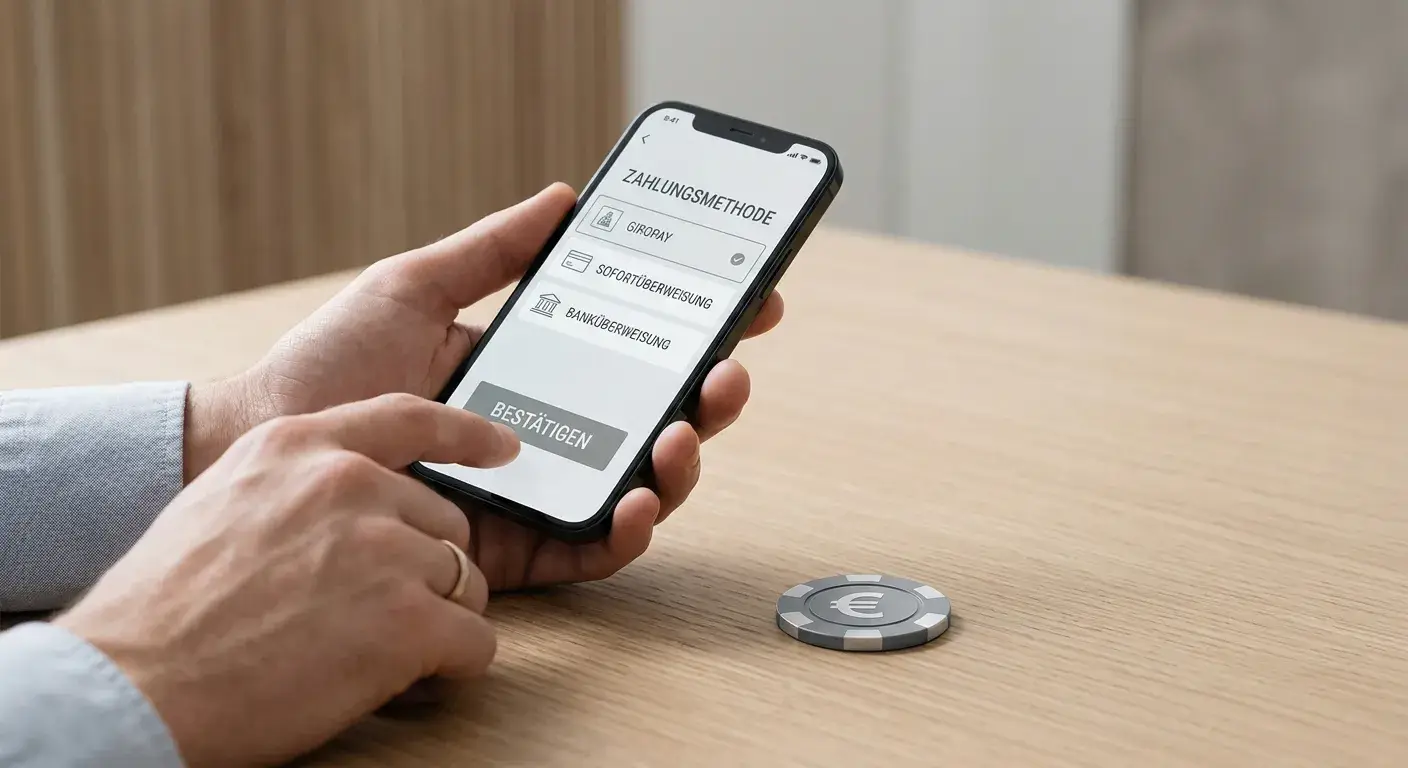 Hand, die ein Smartphone mit einer neutralen Zahlungsapp hält, daneben ein Euro-Symbol als Chip dargestellt