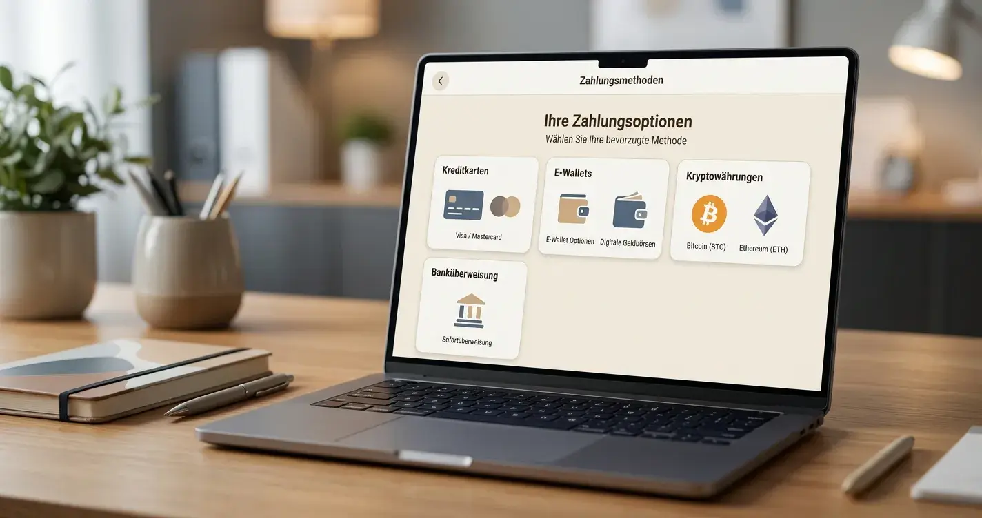 Kreditkarten, E-Wallets und Krypto-Symbole auf Bildschirm