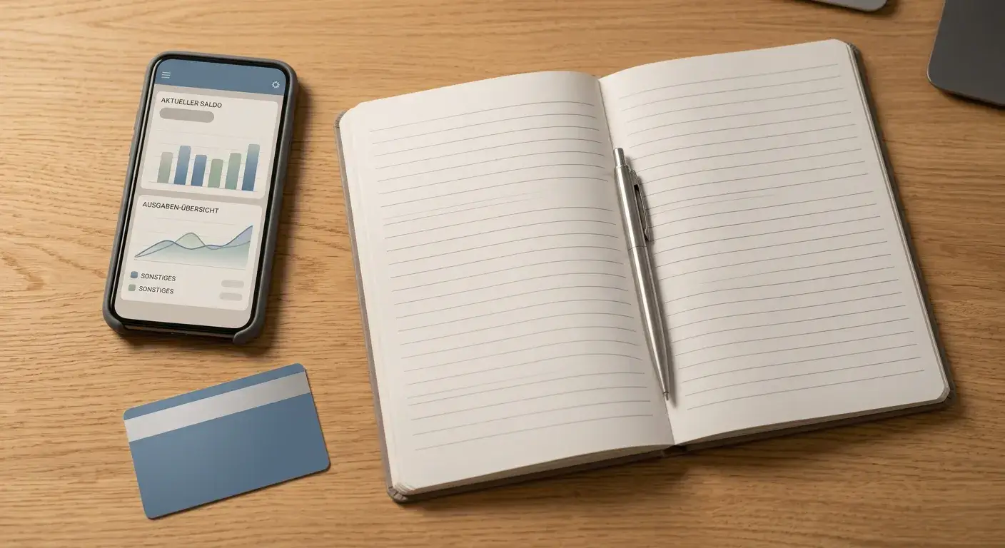 Schreibtisch mit Notizbuch, Stift und Smartphone mit neutralem Bank-Interface