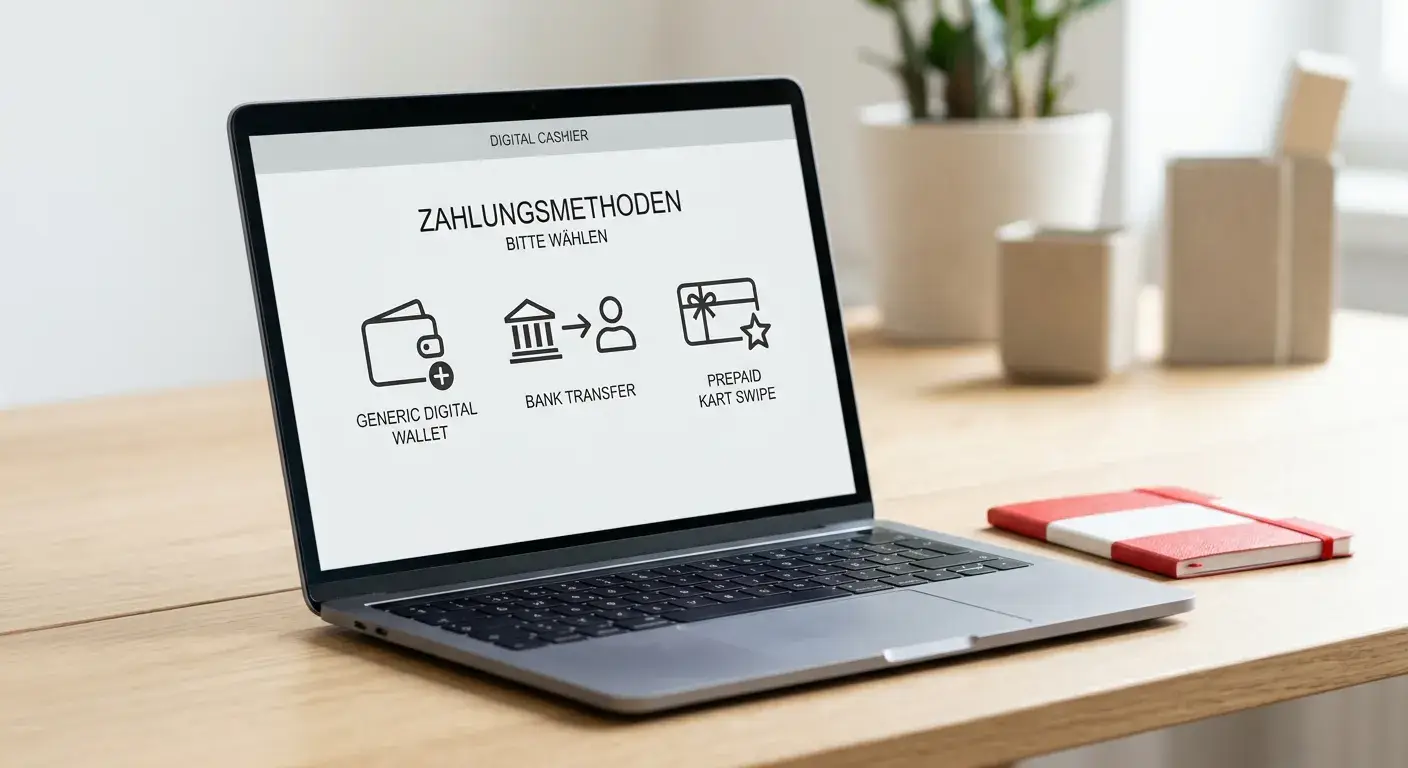 Neutraler Kassenbereich mit Wallet- und Bankoptionen ohne Markenlogos