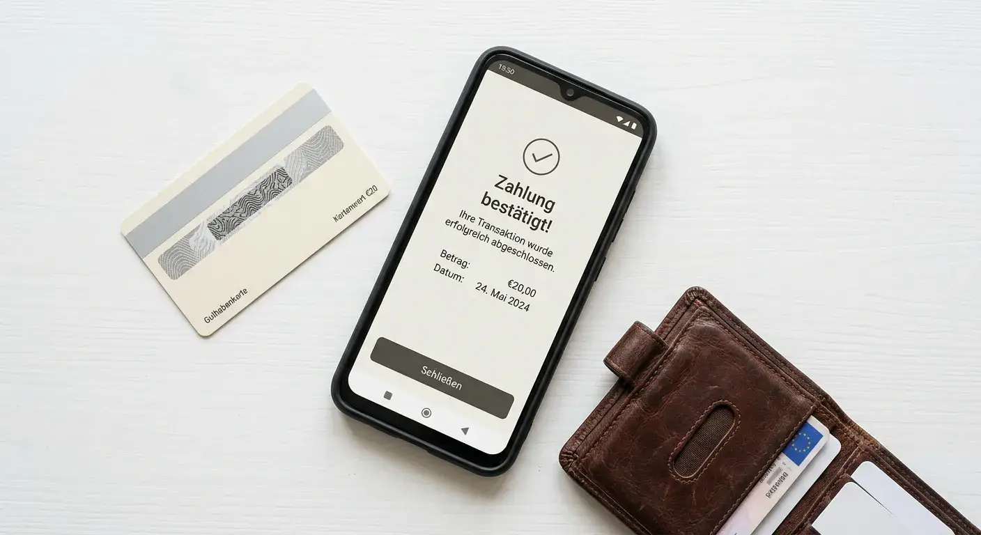 Smartphone mit neutraler Zahlungsapp neben einer Prepaid-Karte auf hellem Hintergrund