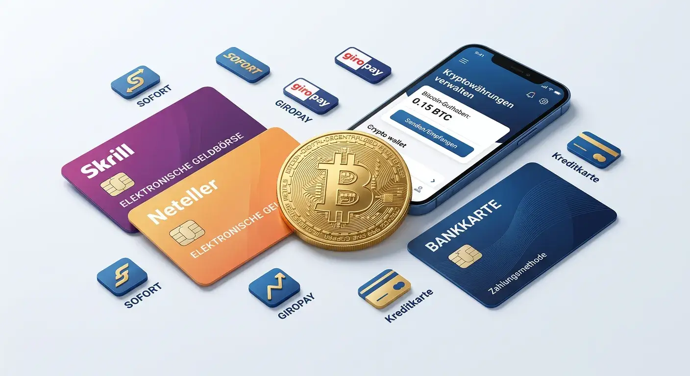 Verschiedene Zahlungsmethoden-Icons: Bitcoin, Skrill, Banküberweisung