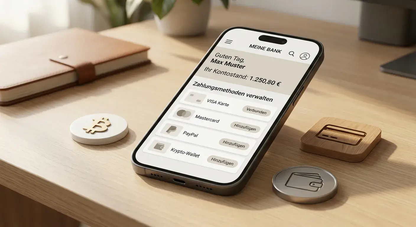 Smartphone mit Banking-App und verschiedenen Zahlungssymbolen auf Tisch