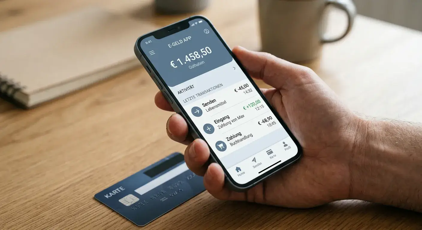 Hand mit Smartphone und neutraler E-Wallet-App auf einem hellen Hintergrund